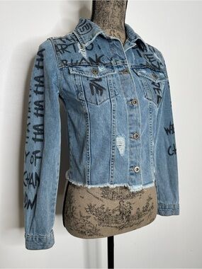 Robin Jeans Distressed Sequin Graffiti Denim Cropped Jacket Y2K Streetwear Sz 36